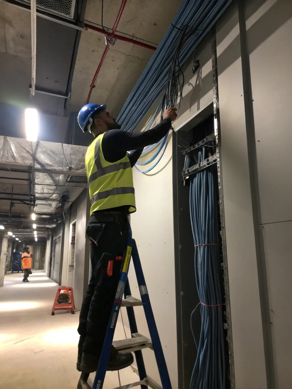 A professional showcasing the installation of structured cabling and network devices in a retail environment, emphasizing organization and efficiency.
