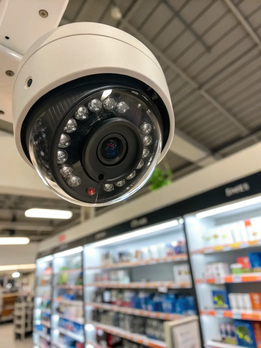 A high-resolution image depicting a modern surveillance camera system installed in a retail store, focusing on clarity and wide coverage.