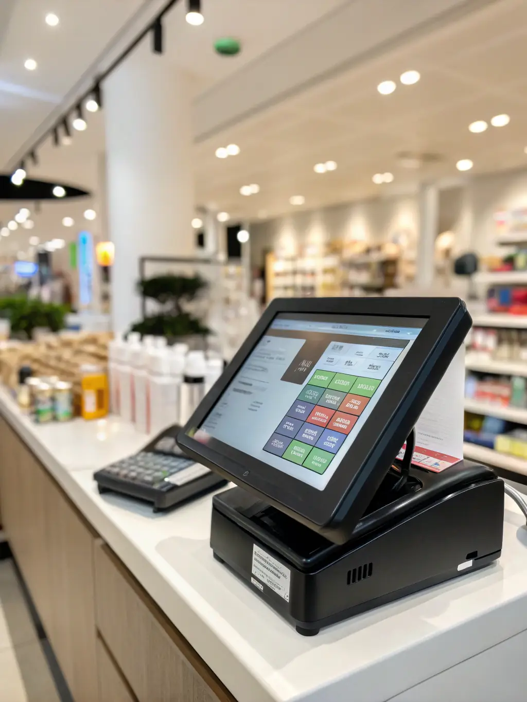 A modern point-of-sale system in a retail store, showing a customer making a purchase with a secure payment terminal.
