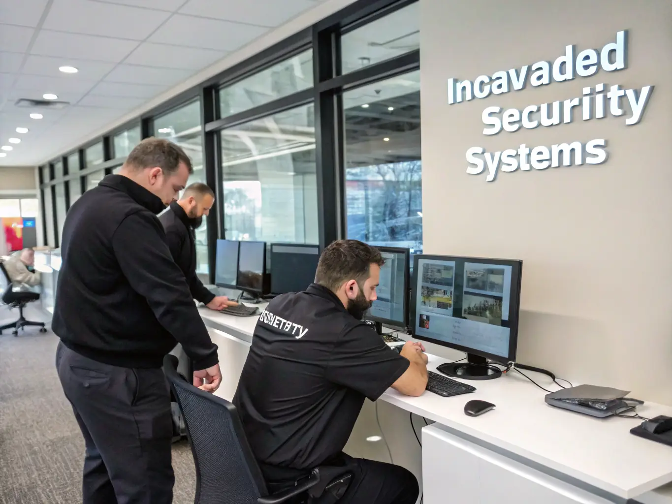 A detailed diagram illustrating the step-by-step process of a security system installation, including planning, hardware setup, software configuration, and testing, set against a backdrop of a modern office building.
