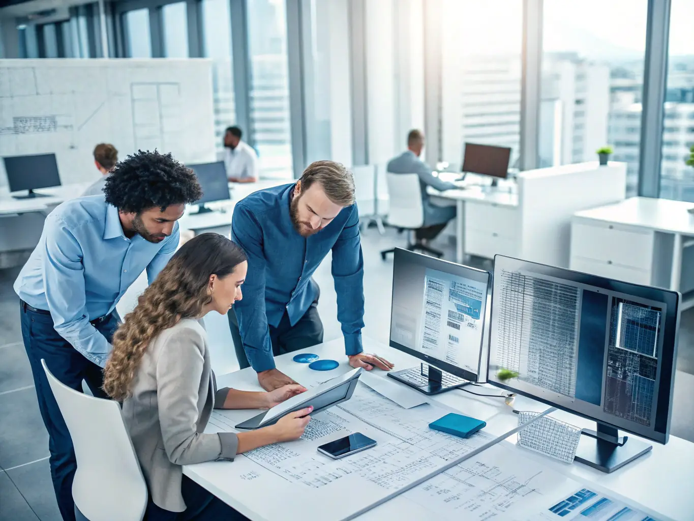 A visual representation of a tech rollout process, showing devices being configured, software being installed, and network connections being established, all within a bustling office environment.